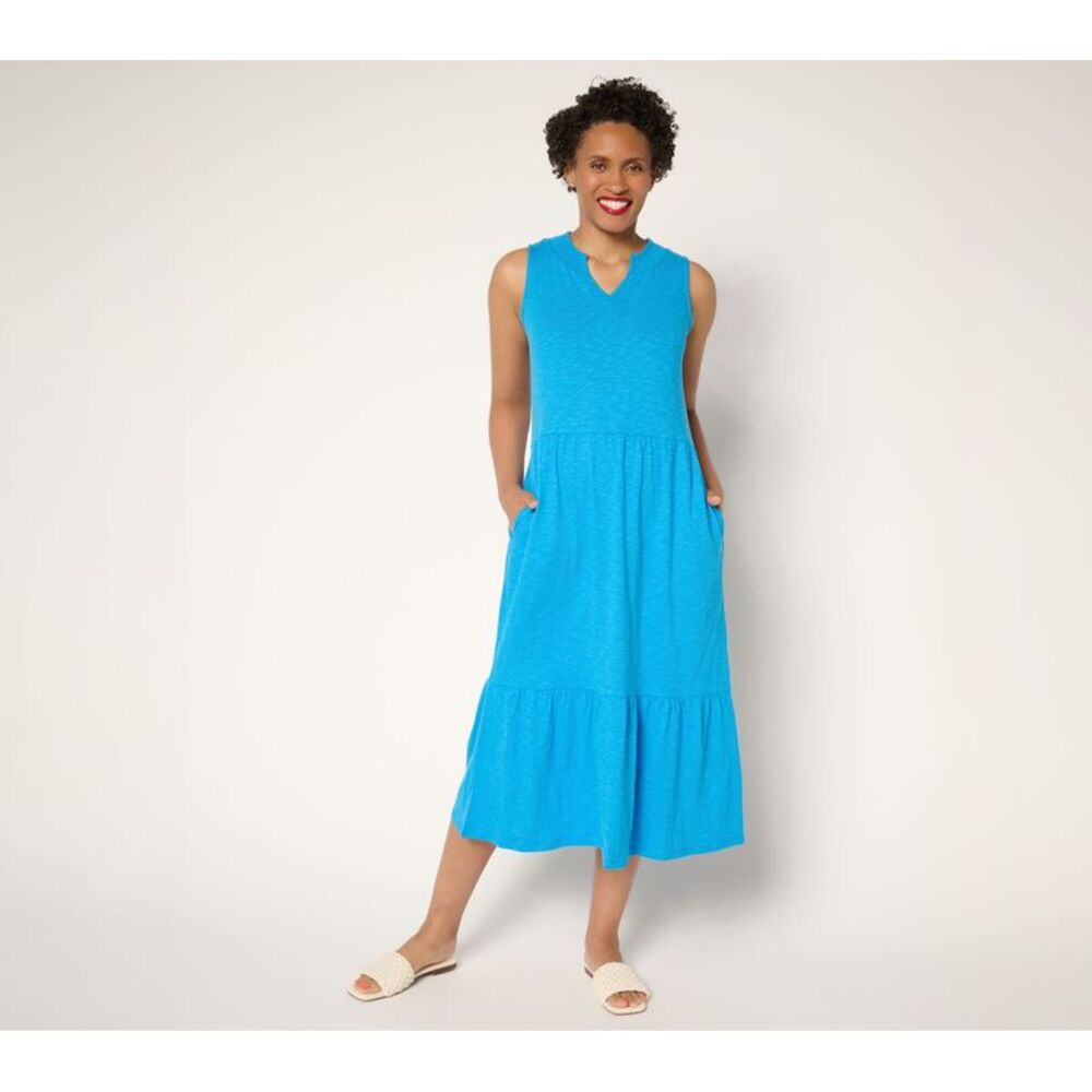 Wacoal Women's Petite Dress PL Denim & Co. Linen Blend Midi Smock Blue A692776